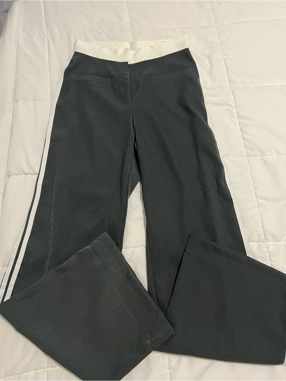 Women's Black Wide-Leg Pants with White Waistband and Side Stripes